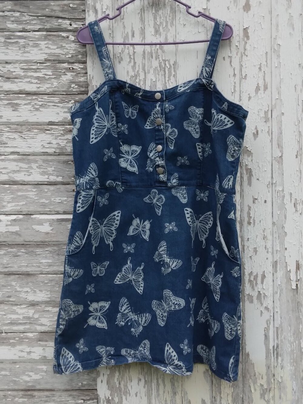 No Boundaries Juniors' Blue Denim Butterfly Print Pinafore Dress